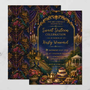 Convites Azul Dourado Jardim Luxuoso Elegante Sweet 16