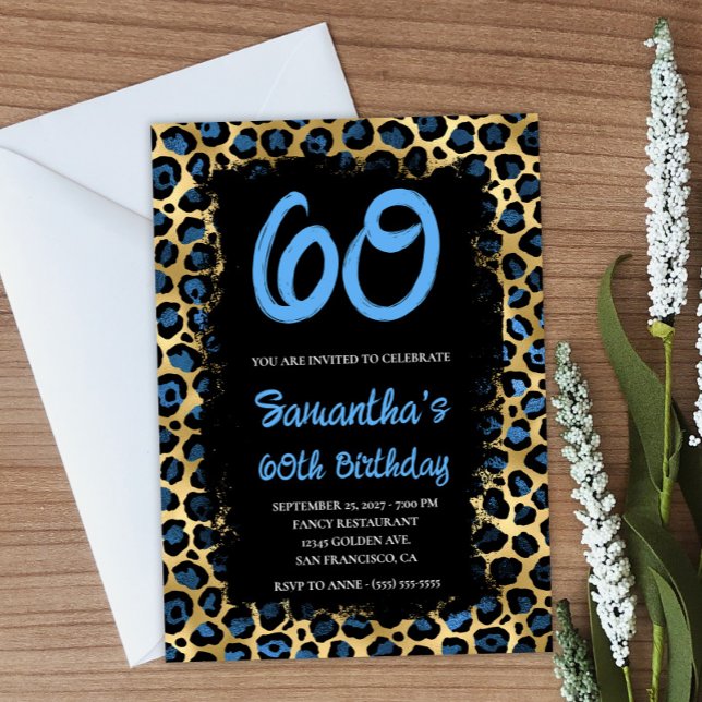 Convites Azul-Dourado-leopardo pintado a preto 60º aniversá (Create your own blue and gold leopard birthday invitation.)