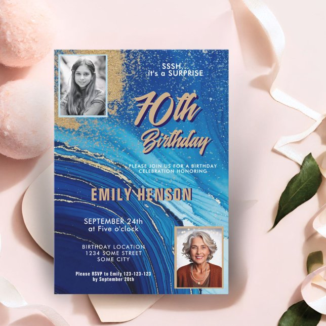 Convites Azul Dourado Marble Glitter 2 Foto70 de Aniversári (Criador carregado)