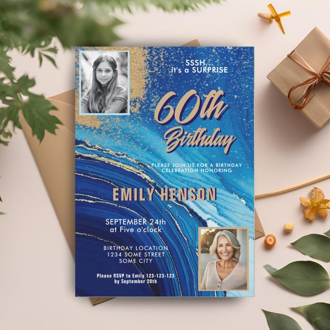 Convites Azul Dourado Marble Glitter 2 Foto 60º Aniversário (Criador carregado)