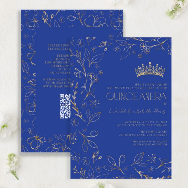 Convites Azul Dourado moderno Tiara QR Quinceañera (Criador carregado)