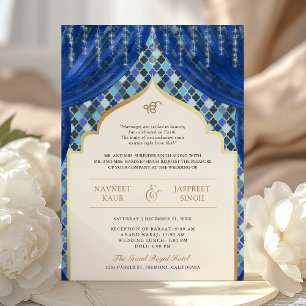 Convites Azul Dourado Quatrefoil Código QR Casamento Sikh
