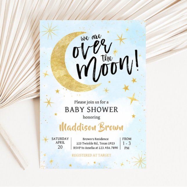 Convites Azul Dourado Sobre O Chá de fraldas Da Lua (Moon and Stars Baby Shower Invitation)