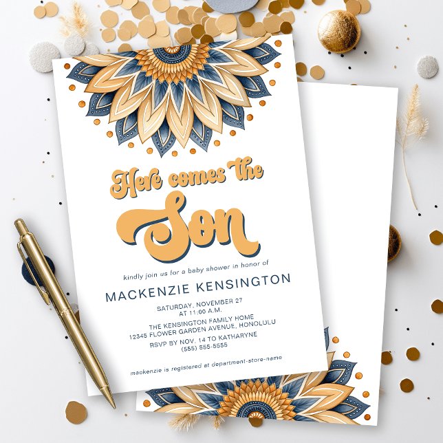 Convites Azul Dourado Vem O Chá de fraldas Filho (Here comes the SON - cute navy blue and gold sunflower sunshine baby shower invitation)