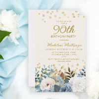 Azul Dusty Branco Floral Dourado 90 Aniversário