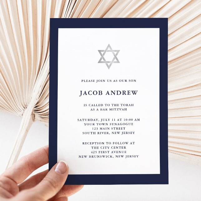 Convites Azul e Branco da meia-noite clássicos | Bar Mitzva (Classic blue and white Bar Mitzvah invitation)