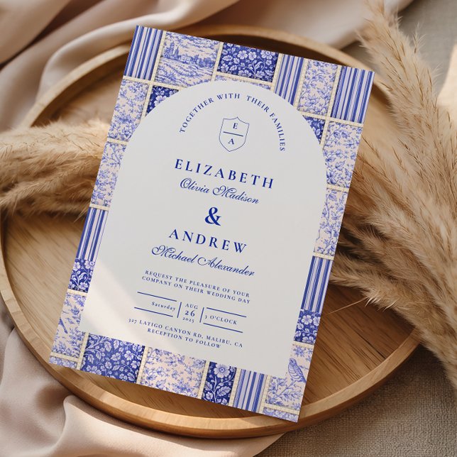 Convites Azul e Branco de Remendo Toile Casamento (Criador carregado)