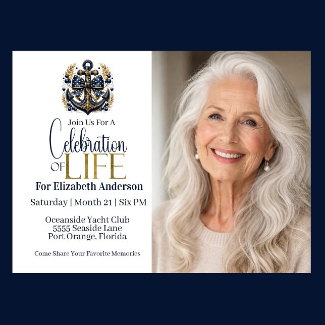 Convites Azul e Dourado Celebração da Vida Âncora Náutica (Nautical blue and gold anchor celebration of life invitation with photo elegant seaside theme
)