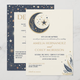 Convites Azul e Dourado Celestial com Casamento de Código Q