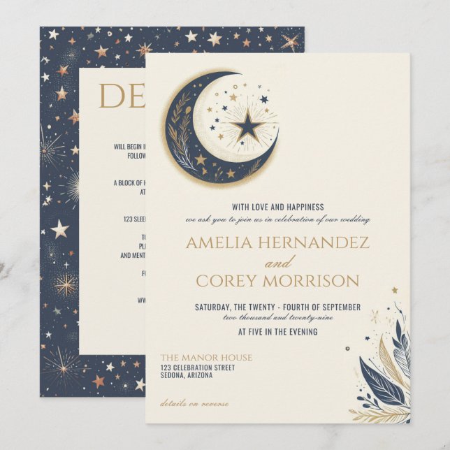 Convites Azul e Dourado Celestial com Detalhes Casamento (Frente/Verso)