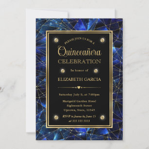 Convites Azul e Dourado Cristal Galáxia Quinceanera à Meia-