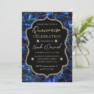 Convites Azul e Dourado Cristal Galáxia Quinceanera Meia-No