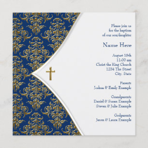 Convites Azul e Dourado Cross Christening