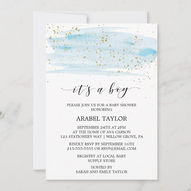 Convites Azul e Dourado, é um host de Chá de fraldas (Frente)