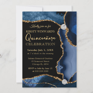 Convites Azul e Dourado Falso Brilho Ágata Quinceanera