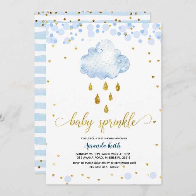 Convites Azul e Dourado Raincloud Baby Sprinkle (Frente/Verso)