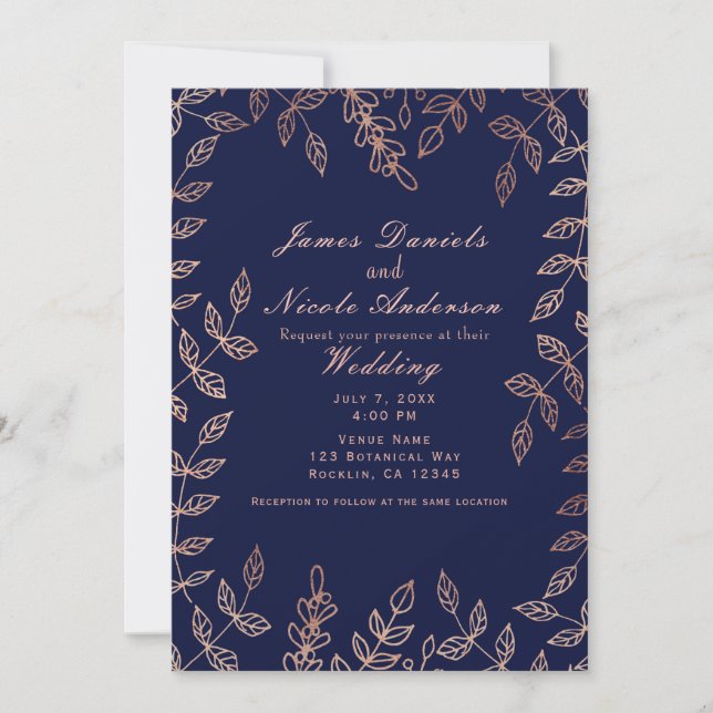 Convites Azul e Dourado Rosa Glam Botânico Casamento Elegan (Frente)