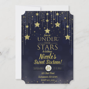 Convites Azul e Dourado Sob as Estrelas Estrelado Sweet 16