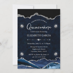 Convites Azul e Prata Brilho Ágata Quinceanera