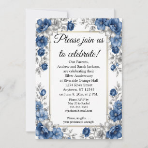 Convites Azul e Prata com Moldura 25º Aniversário
