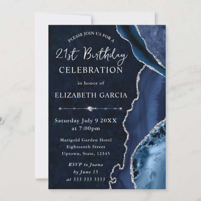Convites Azul e Prata Glitter Ágata e mármore de Aniversári (Frente)