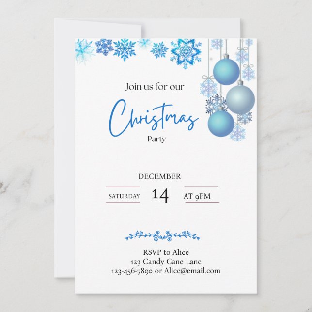 Convites Azul e Prata Pingentes Flocos de Neve Natal (Frente)
