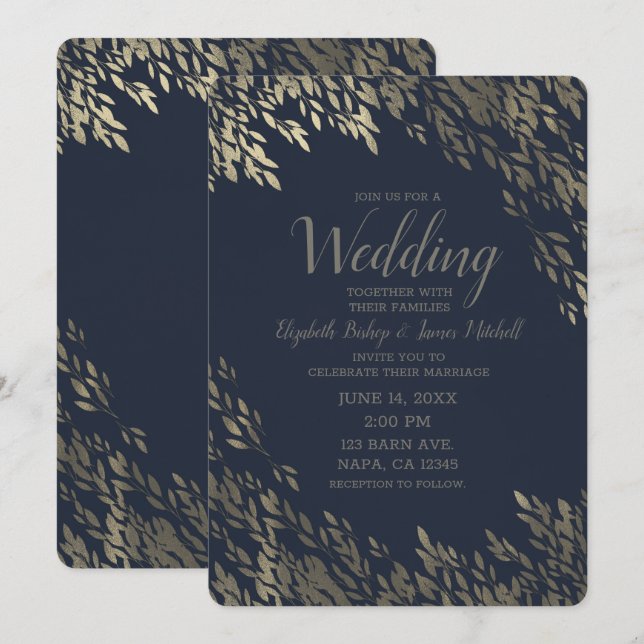 Convites Azul e Prateado Folhas Prateadas Chic Casamento Rú (Frente/Verso)