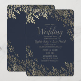 Convites Azul e Prateado Folhas Prateadas Chic Casamento Rú