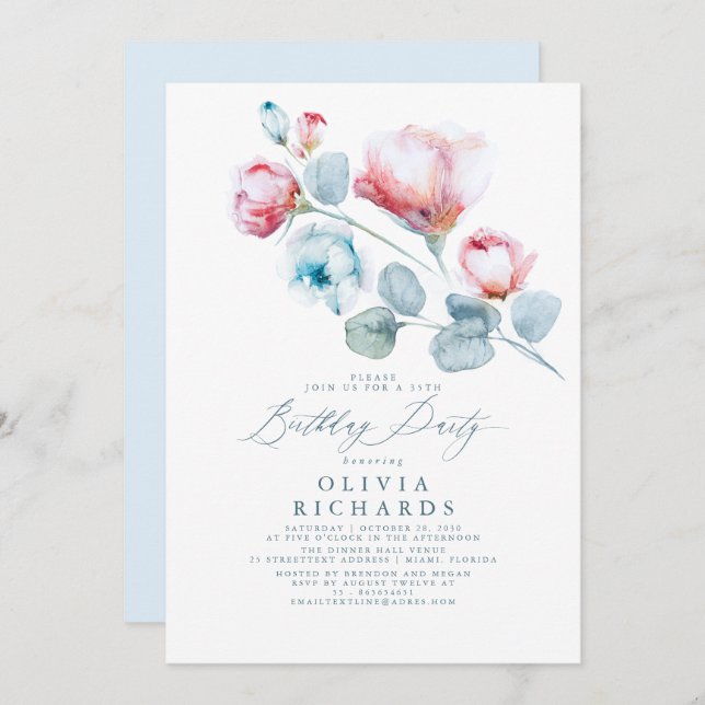 Convites Azul e Rosa Românticos Derramado Aniversário (Frente/Verso)