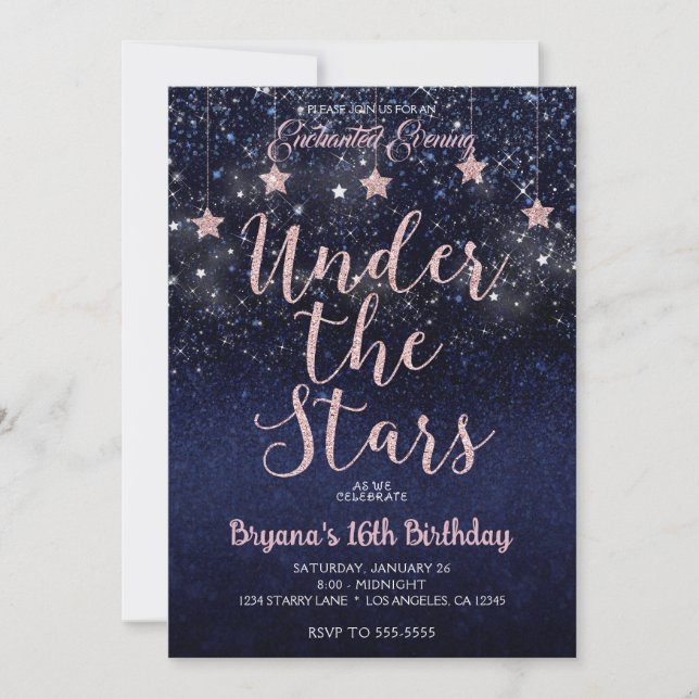 Convites Azul e Rosa Sob as Estrelas Noite Estrelada Doce 1 (Frente)
