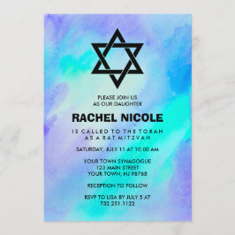 Convites Azul e Turquesa Aquarela Olhar Bat Mitzvah