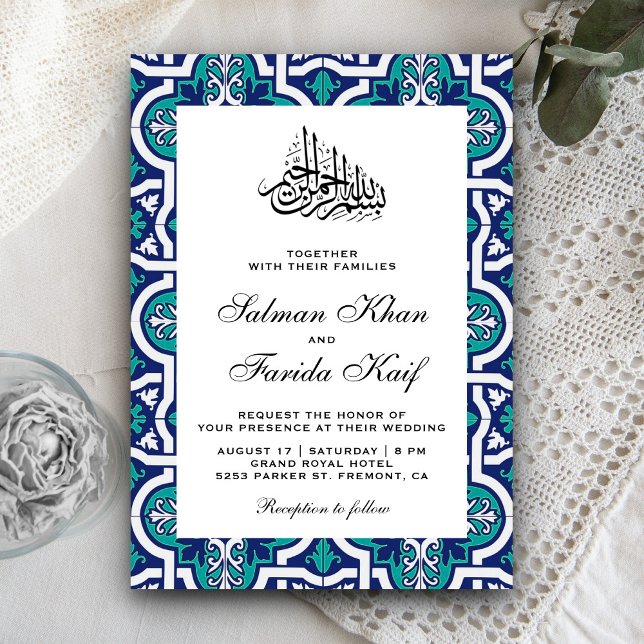 Convites Azul e Turquesa Arabesco Islâmico Casamento Muçulm (Criador carregado)