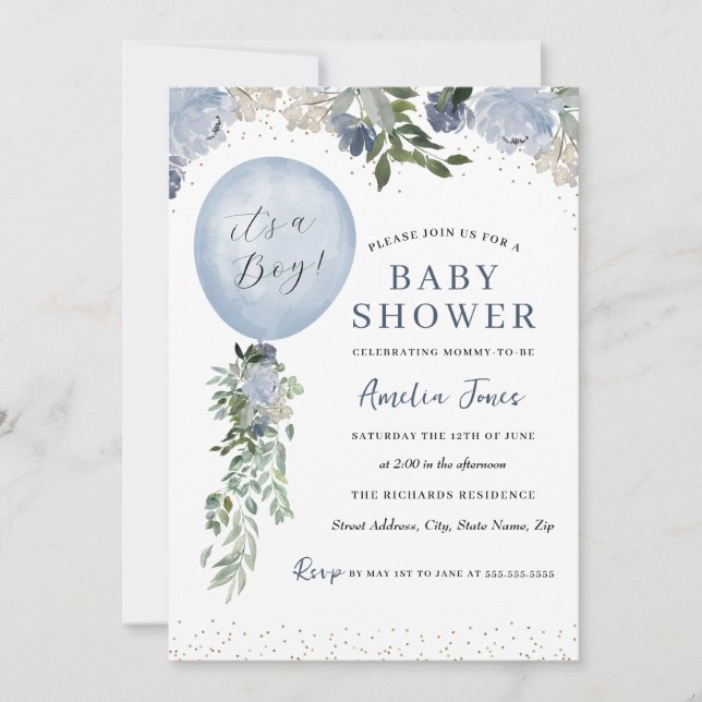 Convites Azul É um Chá de fraldas de Balão de Menino (Frente)