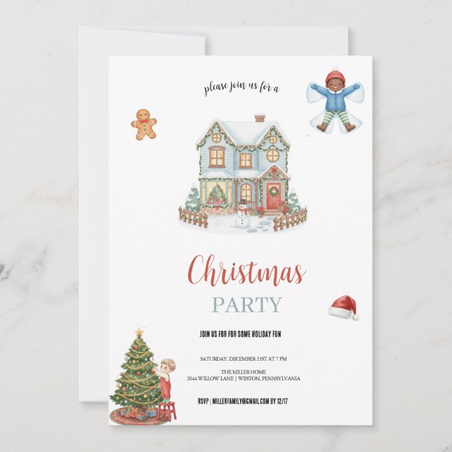 Convites azul e vermelho o natal na casa de neve   (Frente)