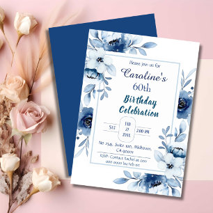 Convites Azul elegante, 60 anos, tons florais de azul