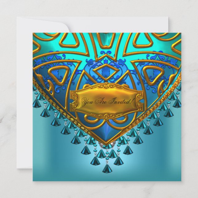 Convites Azul Elegante Aqua Dourado Todas as Ocasiões (Frente)