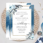 Convites Azul Elegante Aquarela e Casamento Floral Azul<br><div class="desc">Convite de casamento elegante com mancha azul esvoaçante de cor d'água, buquês de esquina refinados e quadros de ouro cobrindo seus detalhes de casamento. Flores aquosas pintadas à mão e folhagem em azul, marinho, branco, sábio, cinza e caramelo empoeirado. Seção de texto em cima para pais, amigos e familiares ou...</div>