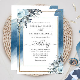 Convites Azul Elegante Aquarela e Casamento Floral Azul