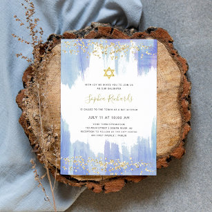Convites Azul Elegante Aquarela e Dourado   Bat Mitzvah