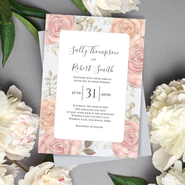 Convites Azul Elegante Blush Floral Cor-de-rosa (Elegant wedding invitation with light blue and blush pink floral design. )