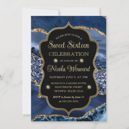 Convites Azul Elegante e Agitador Dourado Doce Dezesseis