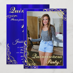 Convites Azul Elegante e Dourado Sua Foto Quinceañera