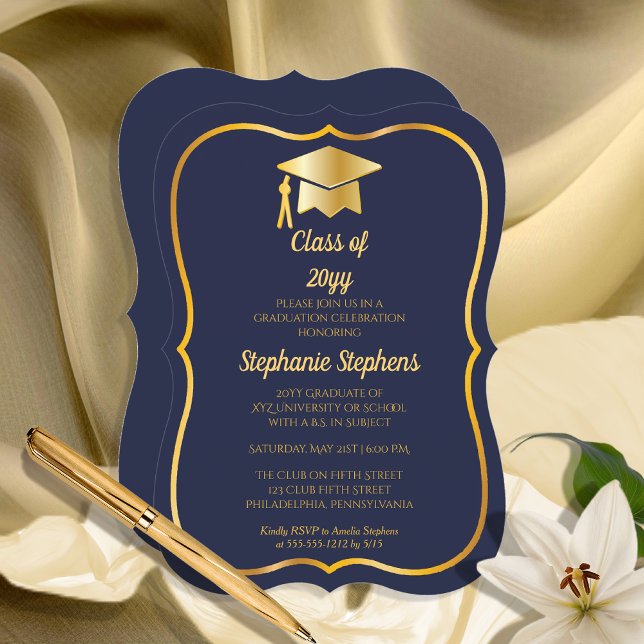 Convites Azul Elegante | FESTA DE FORMATURA DOURADA (Elegant Blue Gold Tone Grad Cap Bracket-Style Frame Graduation Party Invitation)
