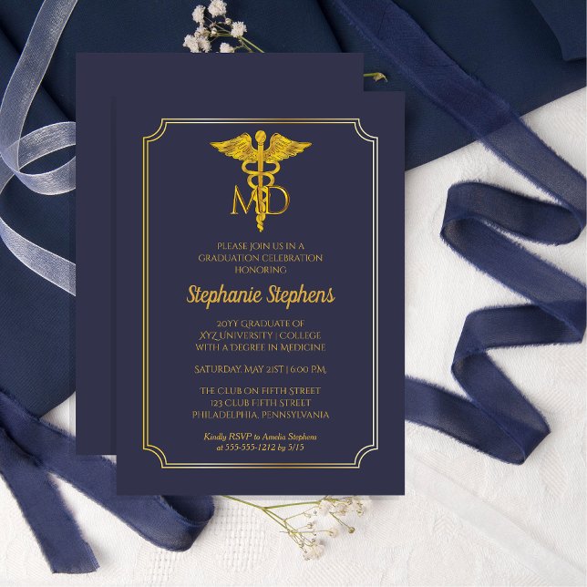 Convites Azul Elegante | Festa de formatura Médica Dourada (Elegant Blue and Gold-Toned  "MD" Physician Formal Graduation Party Invitation)