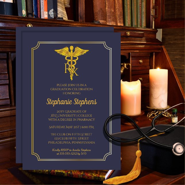 Convites Azul Elegante | Festa de formatura Rx Farmácia Dou (Classy Elegant Blue and Gold Tone "Rx" Pharmacy Pharmacist Graduation Announcement Party Invitation)