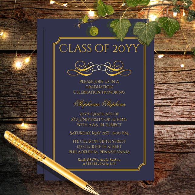 Convites Azul Elegante | Festa de formatura Universitária D (Elegant Blue and Gold Tone College | University Achiever Graduation Party Invitation)