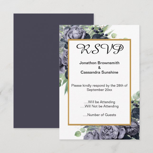 CONVITES AZUL ELEGANTE OURO EUCALIPTO ROSA RSVP (Frente/Verso)