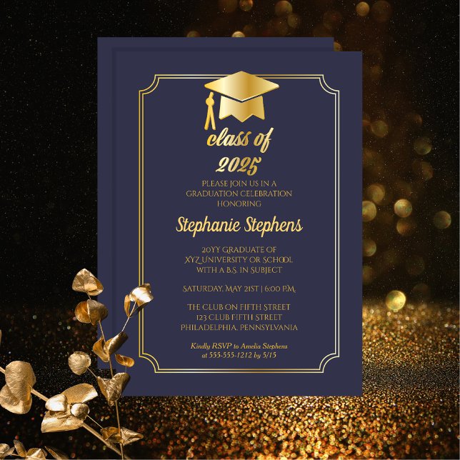 Convites Azul Elegante | Parte Formandos do Boné Dourado (Elegant Blue and Gold Tone Graduation Cap College or University Party Invitation - Print | Download)