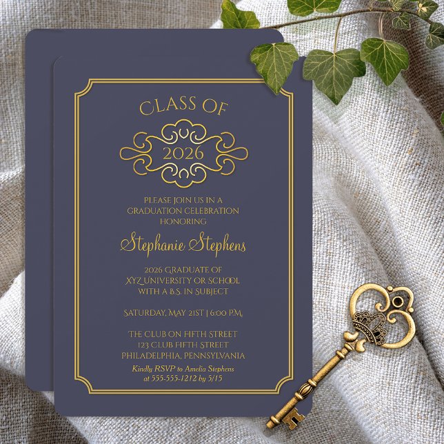 Convites Azul Elegante | Parte Formandos Dourada (Elegant Blue and Gold Tone College Graduation Party Invitation - Print | Digital)