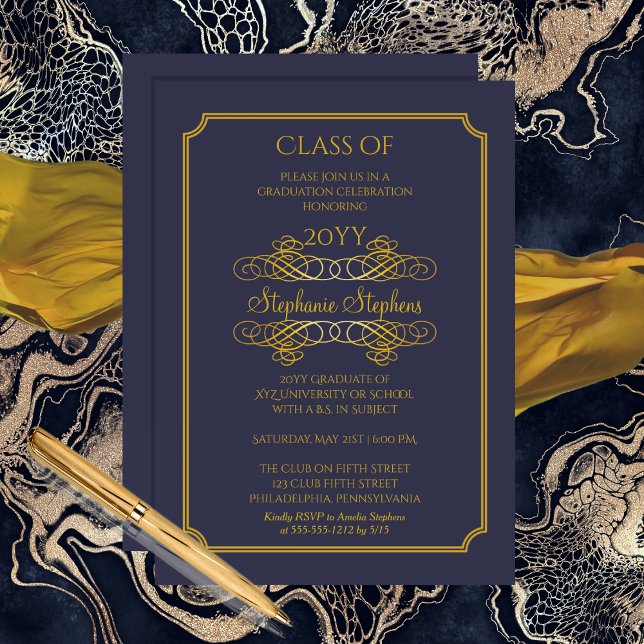 Convites Azul Elegante | Parte Formandos Dourada (Elegant Blue and Gold Tone College Graduation Party Invitation)
